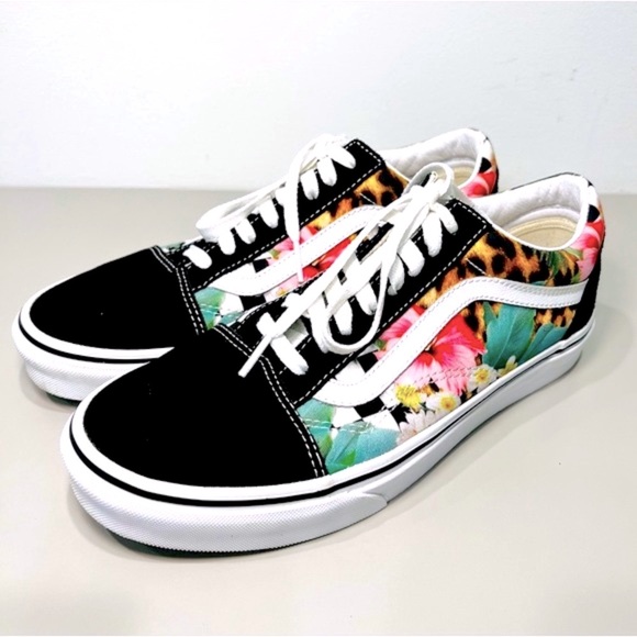 Vans Shoes - VANS Old Skool Floral Tropical Animal Checkerboard Black Sneakers, W 10  M 8.5